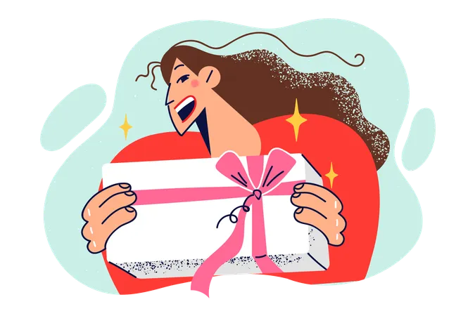 Cheerful Woman Holds Box With Gift Tied With Pink Ribbon And Laughs Rejoicing At Receiving Valuable Prize Blogger Girl Holding Giftbox Announcing Gift Draw Among Blog Subscribers Illustration