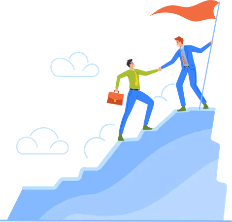 Business Leader Help Colleague Climb to Top of Mountain Illustration
