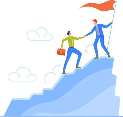 Business Leader Help Colleague Climb to Top of Mountain  Illustration