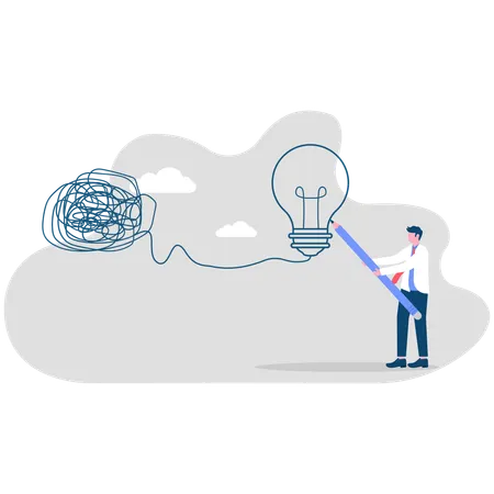 기업 리더는 혼란스러운 직원을 멘토링하여 혼란스러운 아이디어를 명확한 창의적인 전구로 전환하는 데 도움을 줍니다.  일러스트레이션