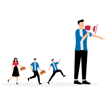 Business leader holding megaphone while pointing team direction  Illustration