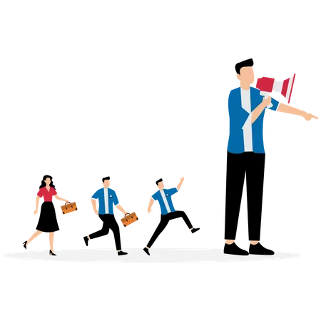 Business leader holding megaphone while pointing team direction  Illustration