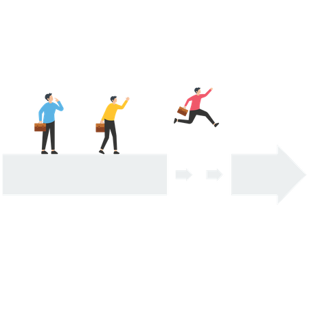 Business leader jumping across gap in arrow  Illustration