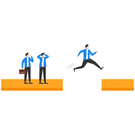 Business leader jumping across the gap in the arrow  Illustration