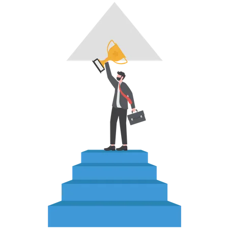 Business Leader Standing Holding A Winners Trophy Entrepreneur Achievement Concept Illustration