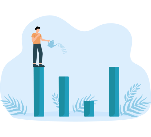 Business leader standing on profit bar chart watering this year bar chart growth  Illustration