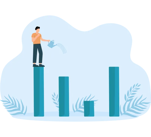 Business leader standing on profit bar chart watering this year bar chart growth  Illustration