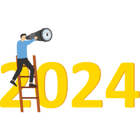 Business leader using telescope to see vision on top of ladder above year 2025 number.  Illustration