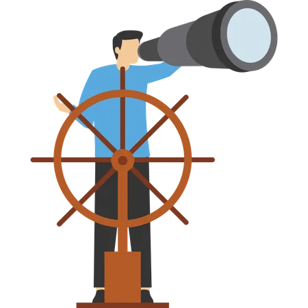 Business Leadership And Visionary To Lead Company Success Career Direction Or Work Achievement Concept Smart Businessman Boat Captain Control Steering Wheel Helm With Telescope Vision Illustration