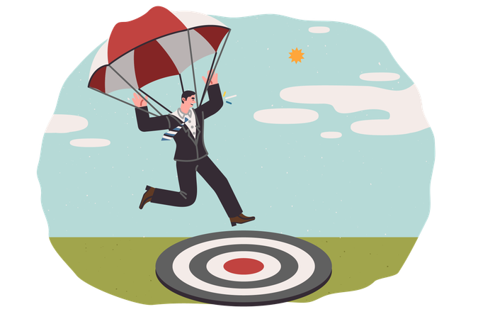 Business man achieves goal by falling on target thanks to use of parachute and career ambition  Illustration