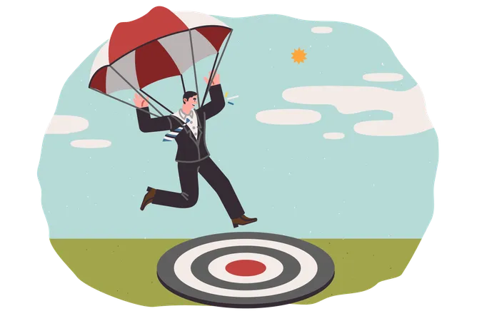 Business man achieves goal by falling on target thanks to use of parachute and career ambition  Illustration