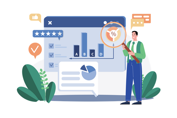 Business man analysis survey online result with graph  Illustration