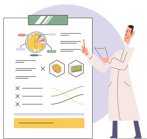 Business Man analyzes financial statistics on chart  Illustration