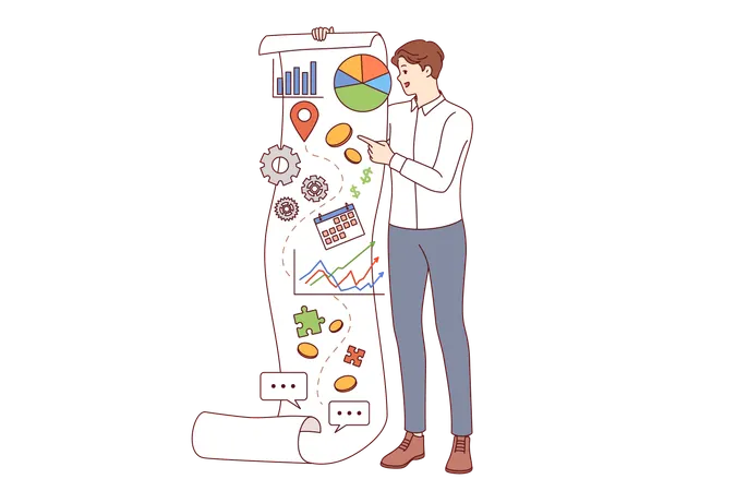 Business man analyzing company commercial performance and shows document with financial charts  Illustration