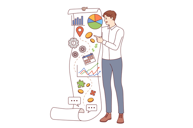 Business man analyzing company commercial performance and shows document with financial charts  Illustration