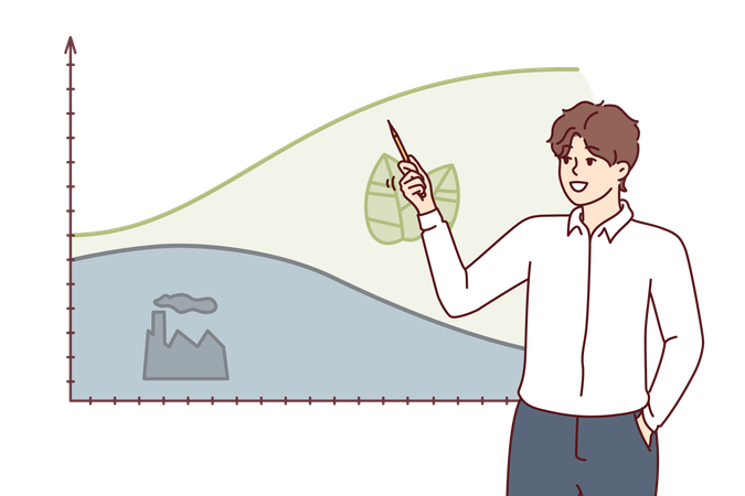 Business man and graph with benefits switching to eco electricity and getting rid industrial plants  Illustration