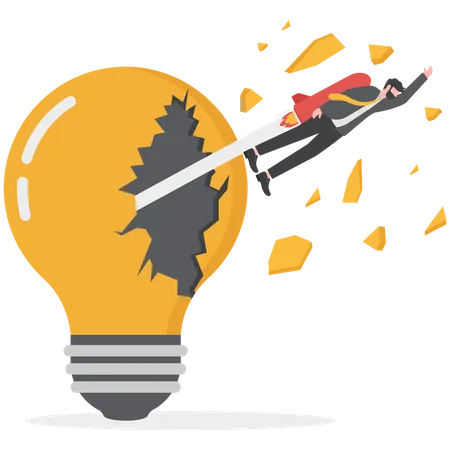Startup And Inspiration Creativity To Create New Idea Business Man And Riding On Rocket Flying From A Huge Light Bulb Illustration