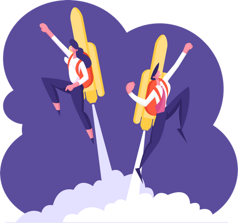 Business Man and Woman Characters Flying Off with Jet Pack Illustration