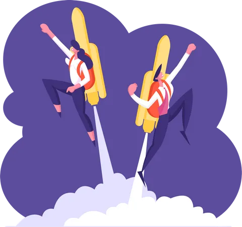 Couple Of Cheerful Business Man And Woman Characters Flying Off With Jet Pack Office Workers Flying Up By Rocket On Back Take Off The Ground Career Boost Start Up Cartoon Flat Vector Illustration イラスト