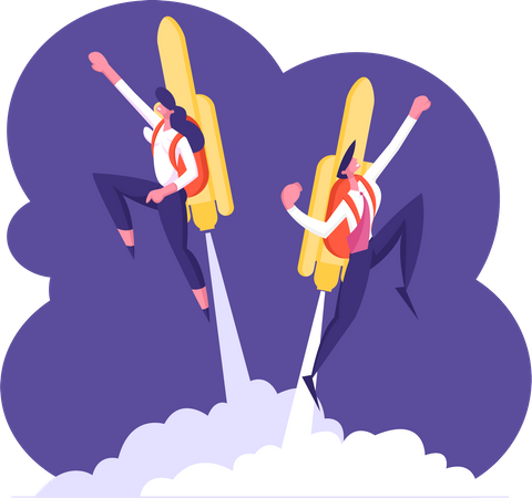 Business Man and Woman Characters Flying Off with Jet Pack  Illustration