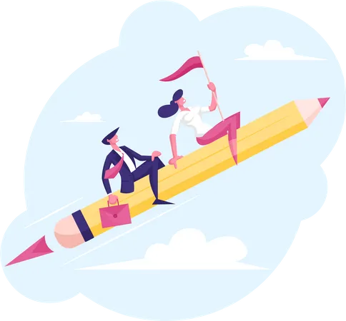 Business Man and Woman Flying on Pen with Red Flag in Hands  Illustration
