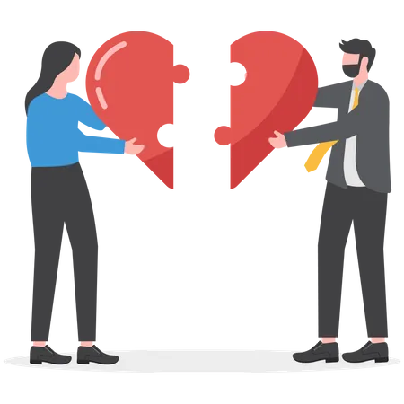 Business Metaphor Of A Joint Venture Partnership Or Teamwork Business Man And Women Joining Together Heart Shaped Jigsaw Puzzle Illustration