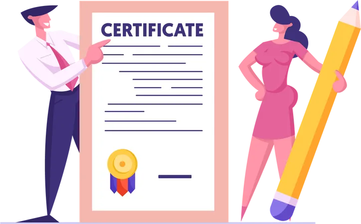 Business Man and Woman with Pencil Holding Insurance Certificate  Illustration