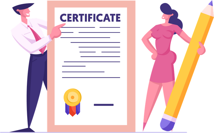 Business Man and Woman with Pencil Holding Insurance Certificate  Illustration