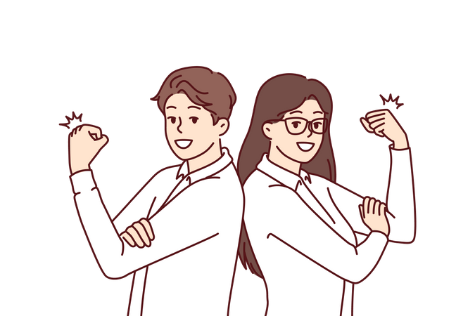 Business man and woman with smile demonstrate biceps  イラスト