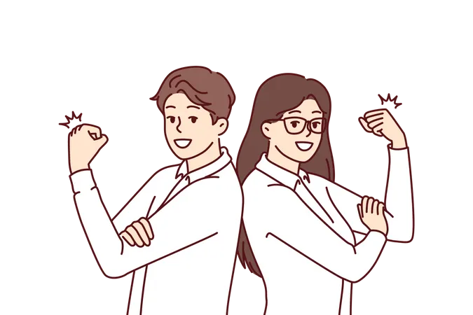 Business Man And Woman With Smile Demonstrate Biceps For Concept Of Professionalism And Cool Skills Professional Managers Are Ready To Get To Work And Raise Income Of Business Or Large Company Illustration