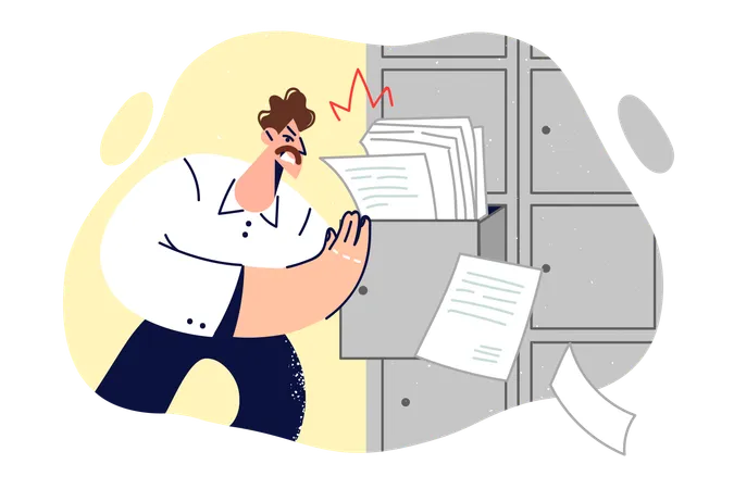 Business Man Angrily Closes Cabinet Overflowing With Paper Symbolizing Paperwork Overload And Bureaucracy Nervous Guy Office Employee Suffers From Overabundance Of Bureaucracy In Corporation Illustration