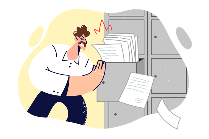 Business man angrily closes cabinet overflowing with paper  Illustration