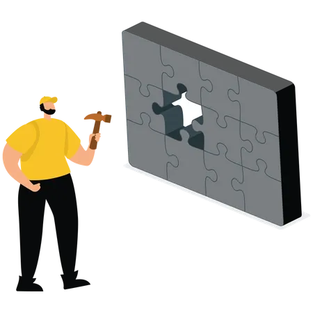 Business man breaking through Puzzle concrete wall  Illustration