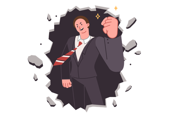 Business man breaks down barrier to success by hitting stone wall to break deadlock  Illustration