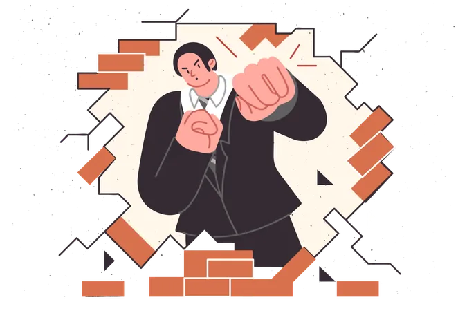 Business Man Breaks Down Barriers To Achieving Goal By Hitting Brick Wall To Get Through Ambitious Guy Demonstrates Determination And Ambition In Solving Problems On Way To Achieving Goals Illustration