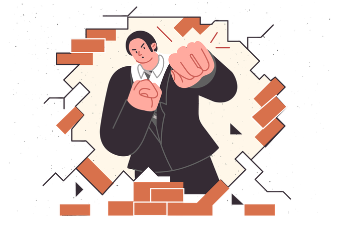 Business man breaks down barriers to achieve goal by hitting brick wall  Illustration