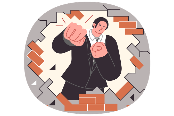 Business man breaks down barriers to achieving goal by hitting brick wall to get through  Illustration