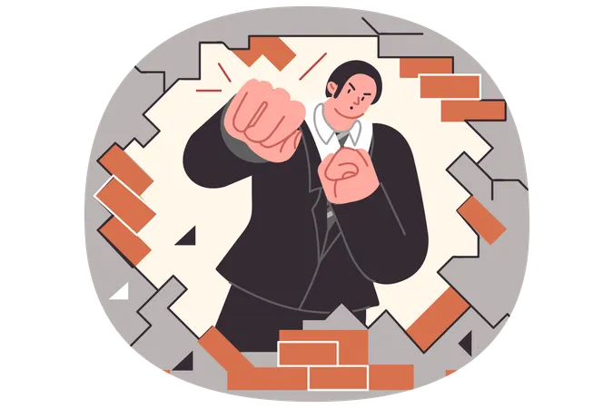 Business man breaks down barriers to achieving goal by hitting brick wall to get through  Illustration