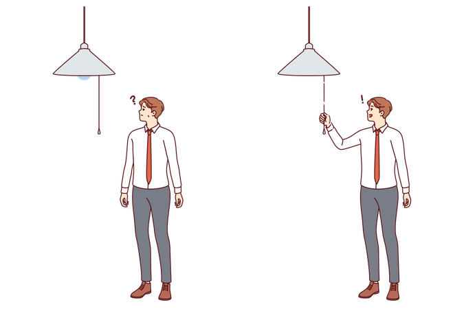 Business man came up with idea to get out of difficult situation turns on light in room  Illustration