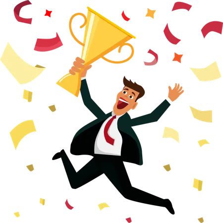 The Business Man Was Celebrating And Jumping With A Trophy In His Hand Enjoying Business Victories Business Concept Success Vector Illustration Illustration