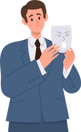 Business man character in suit hiding real sad unhappy emotion under angry screaming face mask Illustration