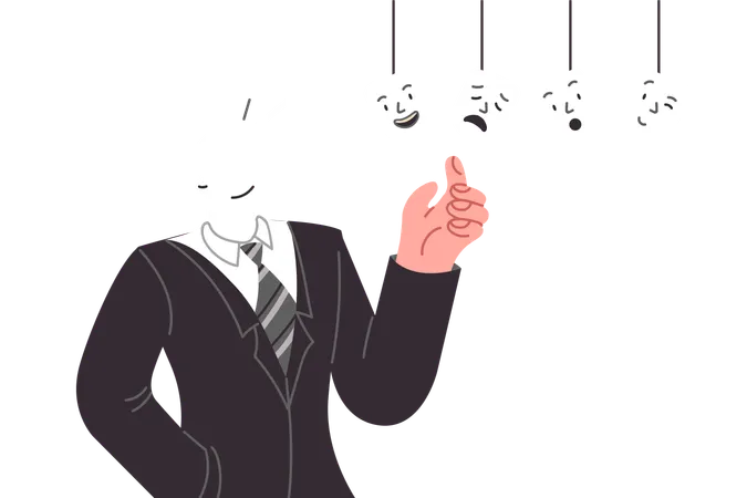 Business Man Chooses Mask With Emotions Showing Miracles Of Transformation And Skills To Control Own Mood Businessman Knows How To Manage Mental State And Emotions To Achieve Results Illustration