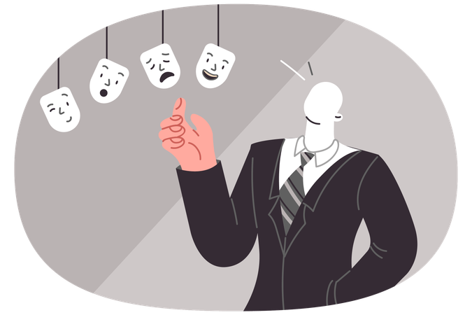 Business man chooses mask with emotions showing miracles transformation and skills control own mood  Illustration