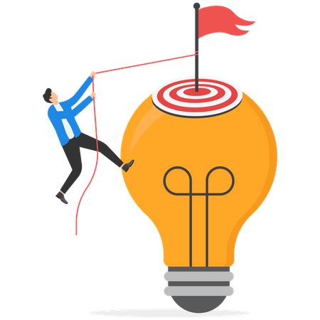 Business man climbing lamp to reach flag and conquer  Illustration