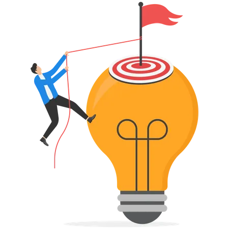 Hard Work And Creative Effort To Advance Goals Ideas And Business And Personal Development In Life Or Business A Hardworking And Creative Business Man Climbing The Lamp To Reach The Flag And Conquer Illustration