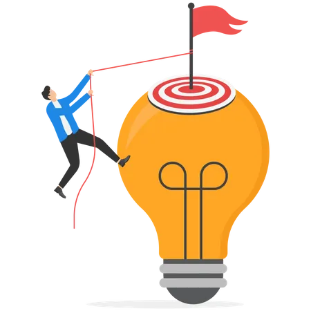 Business man climbing lamp to reach flag and conquer  Illustration