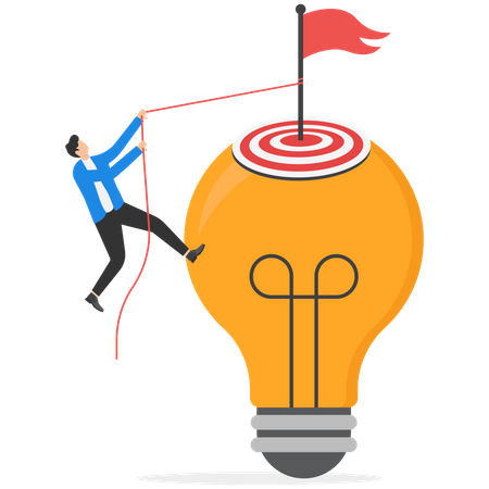 Business man climbing lamp to reach flag and conquer  イラスト