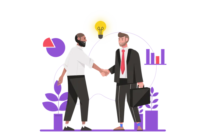 Business Solution Concept In Flat Design Businessmen Shake Hands And Make Good Deal At Company Meeting Collaboration And Partnership Vector Illustration With Isolated People Scene For Web Banner Illustration