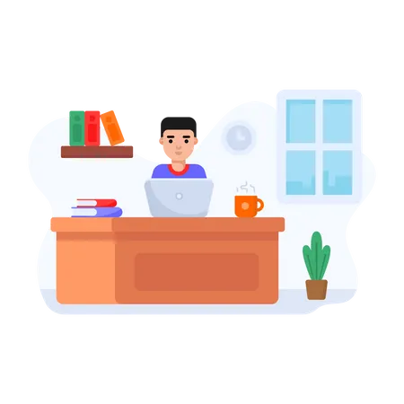 A Virtual Office With A Person Working On Laptop Flat Design Illustration