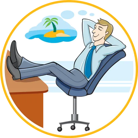 Business Man Sitting On Chair And Dreaming About His Holidays Cartoon Design Style Illustration